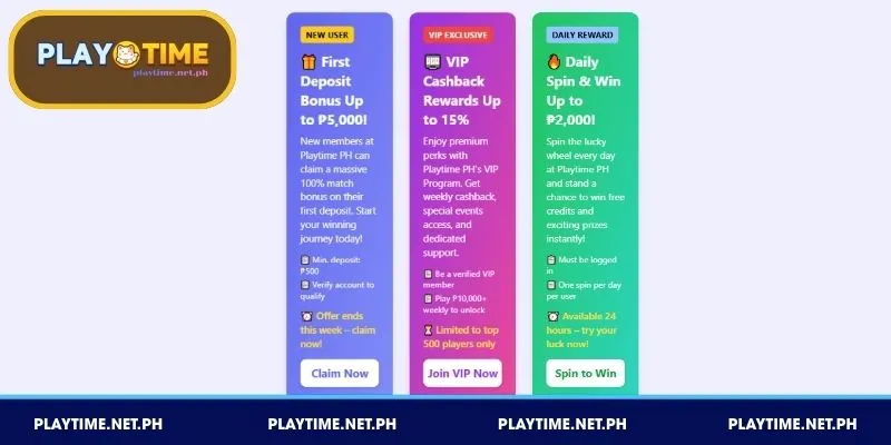 Mga Promosyon PLAYTIME para sa 100% welcome bonus hanggang ₱5,000